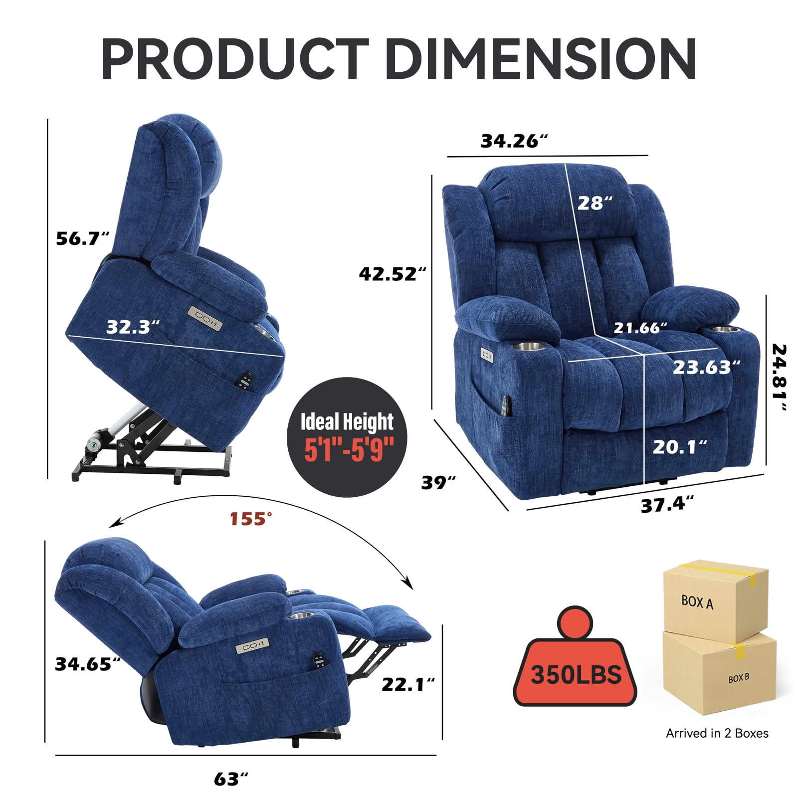 MAYEERTY 350lbs Grey Chenille Power Lift Recliner, Heavy Duty 8-Point Massage Lumbar Heat Chair with USB-C Stainless Steel Cup Holders