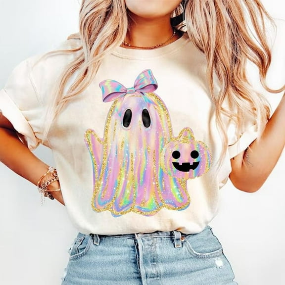 Iridescent Ghost Pumpkin Shirt, Girly Halloween T-Shirt, Cute Coquette Halloween Tee, Spooky Cute Ghost Graphic Shirt