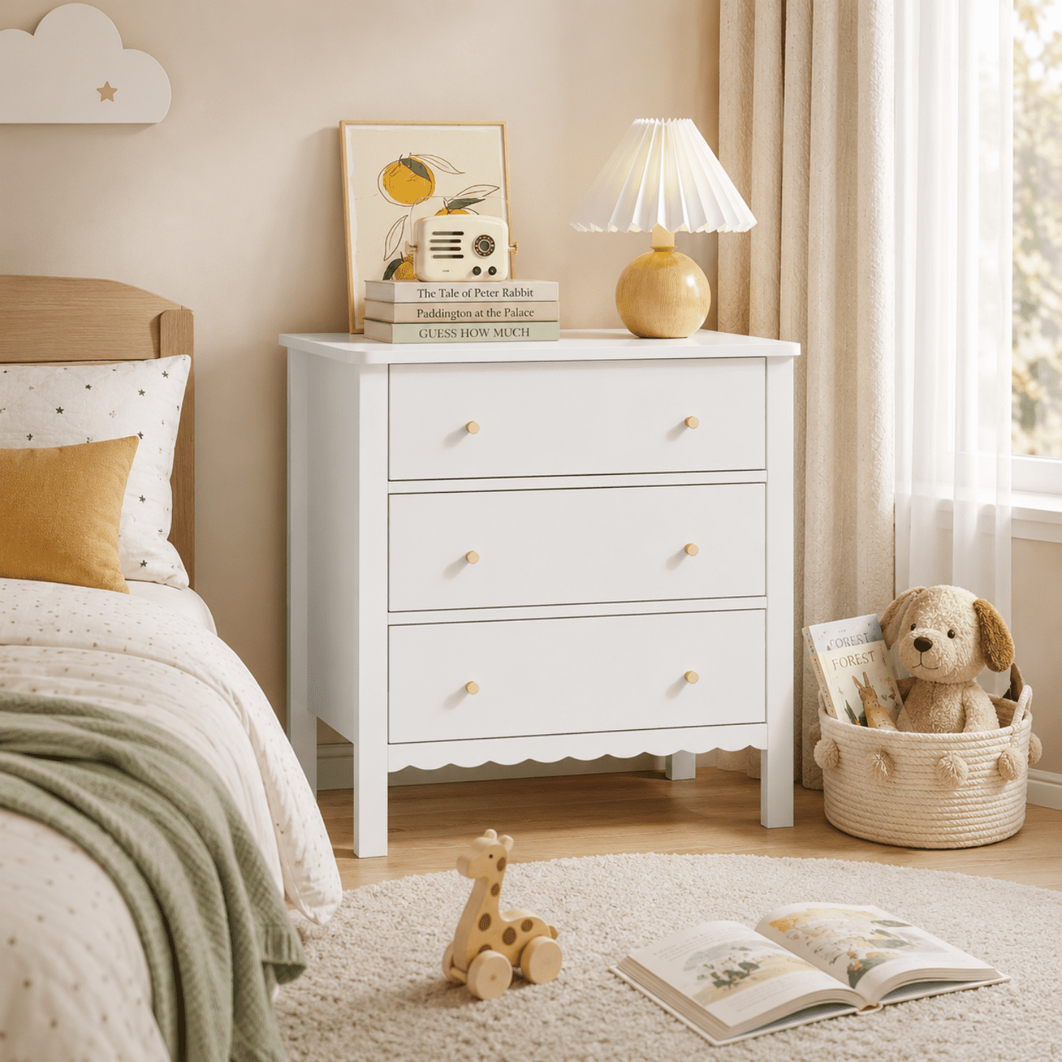 Miniyam Kids 3 Drawer Dresser, White MDF Storage Chest with Gold Knobs for Kids Bedroom, Playroom and Toy Room