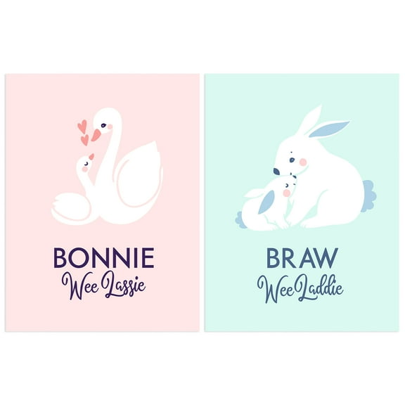 Pack of 2 Scottish Kids Baby Nursery Bonnie Wee Boy Girl Lassie Laddie Swan Bunny Baby Pink and Blue Unframed Wall Art Living Room Prints Set