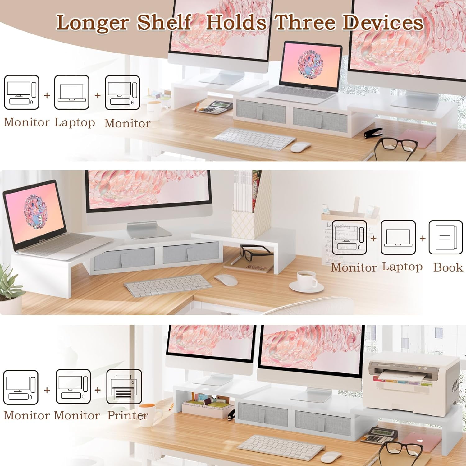 Wood Dual Monitor Stand Riser with Drawers-Length and Angle Adjustable Triple Monitor Stand with Storage Large Computer Riser for 2/3 Monitors/Laptops/PC/Printers