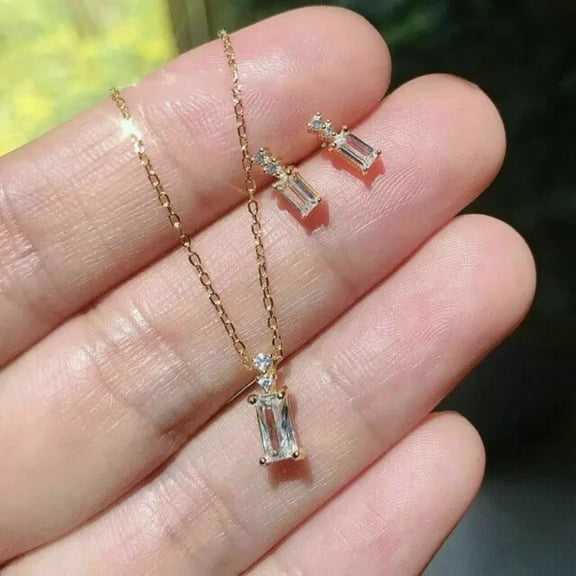 2CT Baguette Cut Lab Created Diamond Stud Earring & Pendant Set 14K Yellow Gold Plated