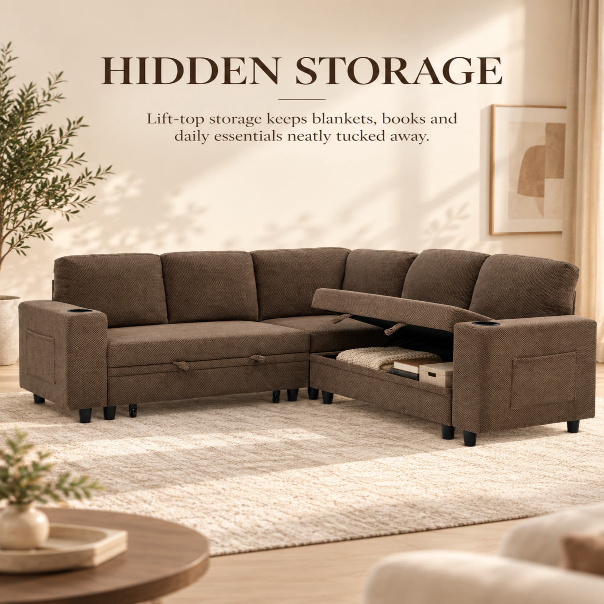 BSHTI 76.5" Polyester L-Shaped Sectional Sofa Bed with Hidden Storage, Cup Holders, Side Pockets, Pull-Out Design for Living Room(Coffee)