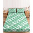 thumbnail image 2 of Cal.King Size Fitted Sheet Set - Green Plaid 3 Piece Bedding Sets 16" Deep Pocket Fitted Sheet with 2 Pillowcases, White Stripes Modern Grids Geometric Brushed Microfiber Hotel Luxury Bed Sheets, 2 of 9