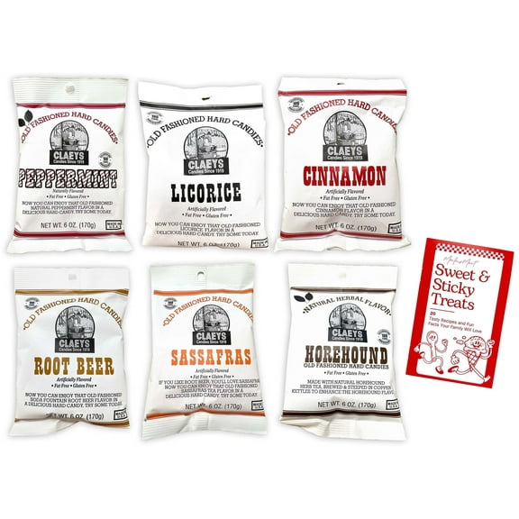 Claeys Old Fashioned Hard Candies - 6 flavors - 1 each: Peppermint, Licorice, Cinnamon, Root Beer, Sassafras, Horehound (6 oz)   MerlinsMart Zine