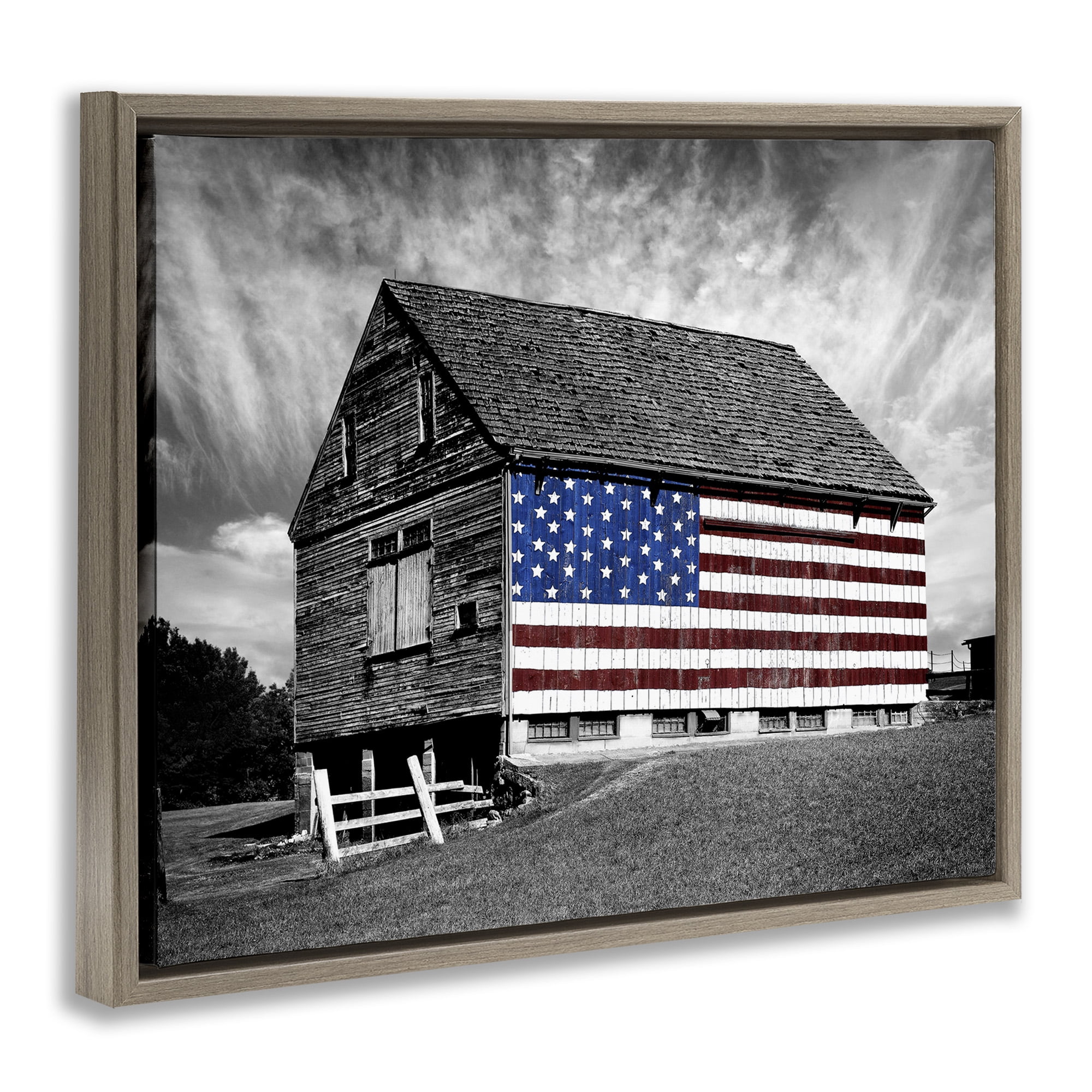 Stupell Industries Black & White Barn with American Flag Landscape Photography Brown Floater Framed Canvas Art Print Wall Art, 21 x 17