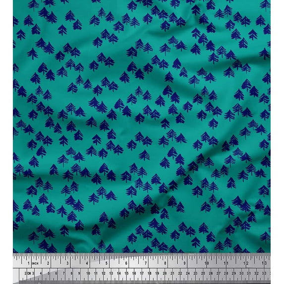Soimoi Blue Japan Crepe Satin Fabric Deodar Cedar Tree Print Sewing Fabric Yard 42 Inch Wide
