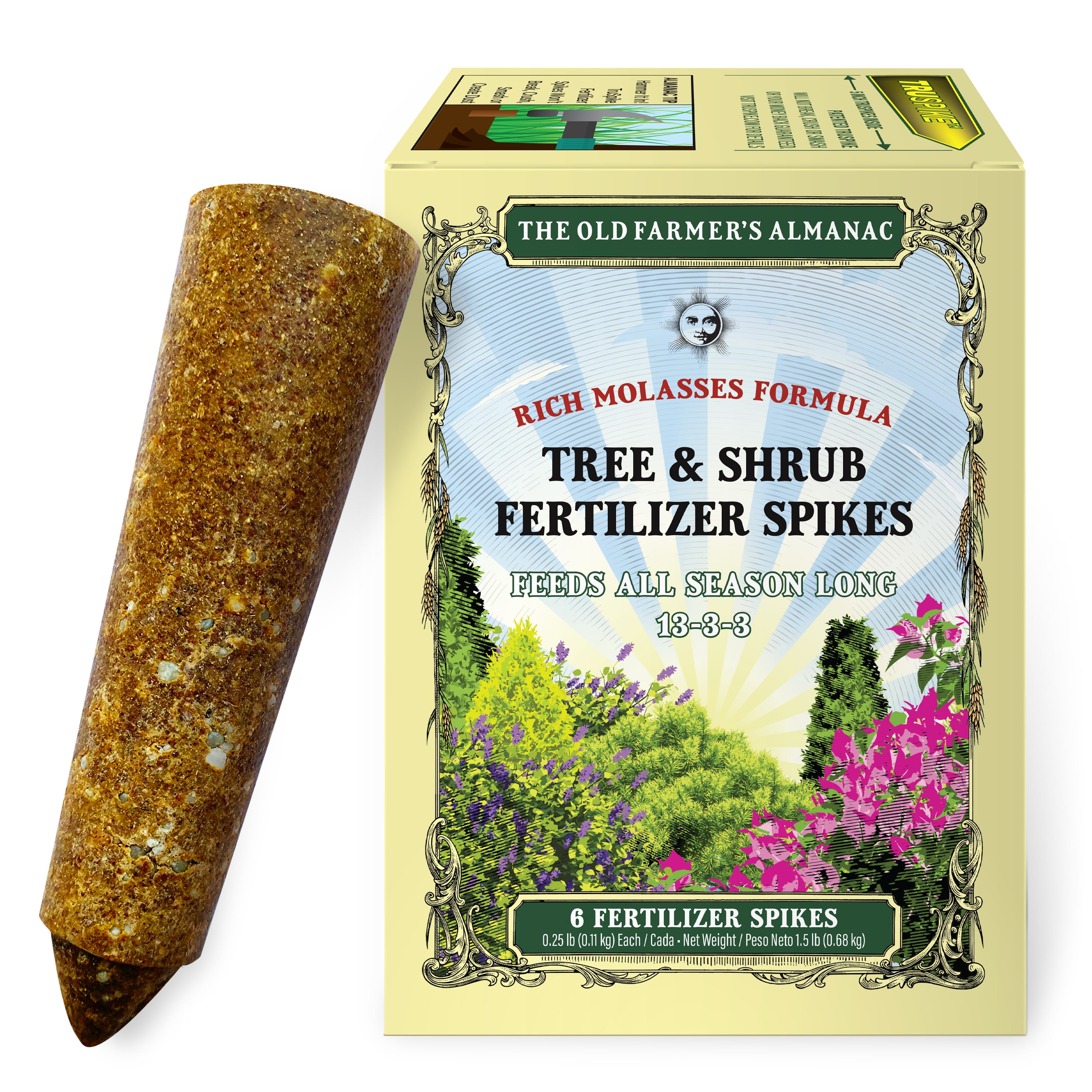The Old Farmer's Almanac Fertilizer Spikes for Trees & Shrubs, 13-3-3 Fertilizer, 6 Pack, 1.5 lbs