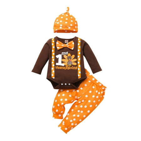 

Newborn 1st Thanksgiving Outfits Turkey Print Romper Long Pants Hat Clothes Set