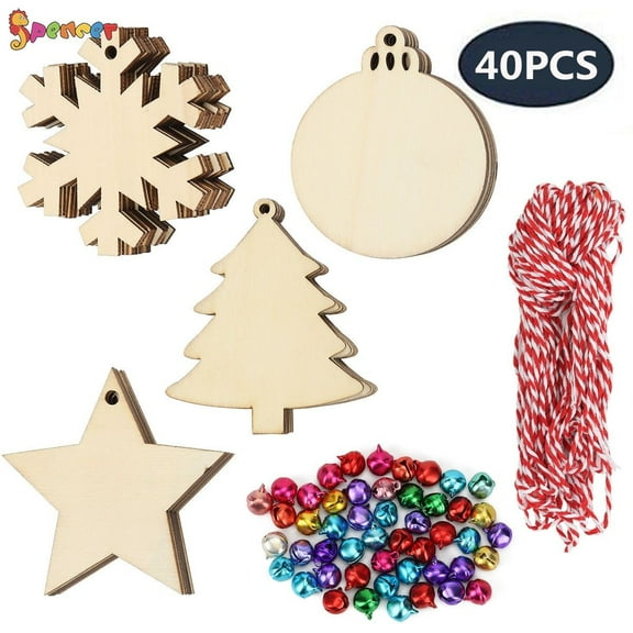 Spencer Christmas Wooden Ornaments, 40 PCS Christmas Crafts 4 Style Natural Wood Slices for Kids Christmas Ornaments DIY Crafts