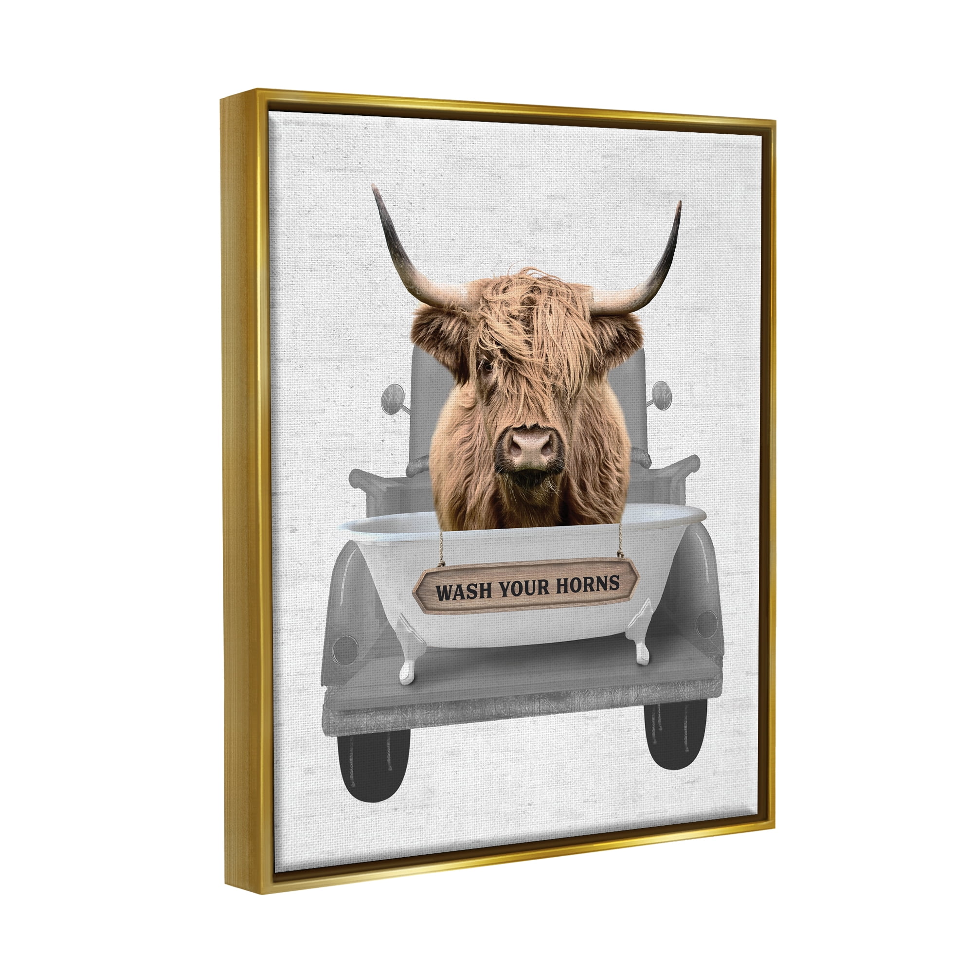Stupell Industries Wash Your Horns Cattle Animals & Insects Painting Gold Floater Framed Art Print Wall Art, 25 x 31