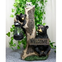 Ebros Forest Black Bear Mama & Cub W/Raccoon Welcome Sign Solar LED Light Statue