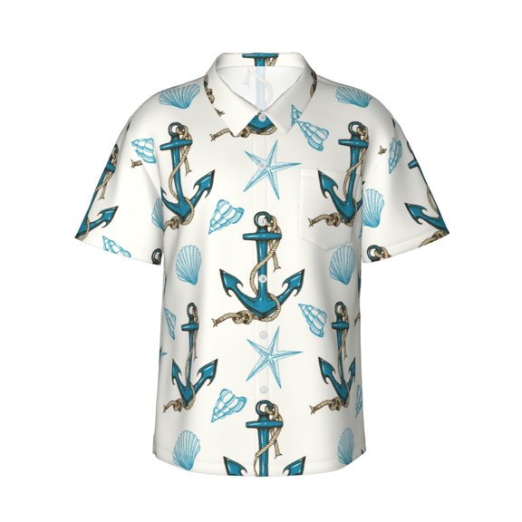 Rateoe Anchors And Shells Pattern Men’s Hawaiian Shirt – Short Sleeve Button-Down Tropical Beach Shirt, Lightweight & Breathable Casual Aloha Shirt with Pocket,