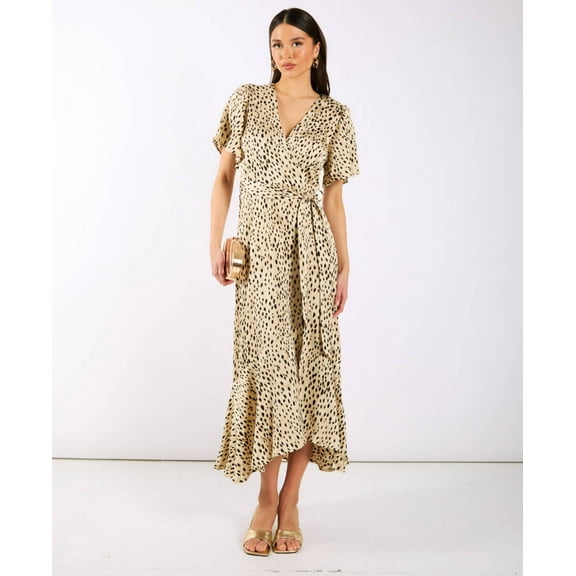Cream Animal Printed Satin Wrap Midi Dress