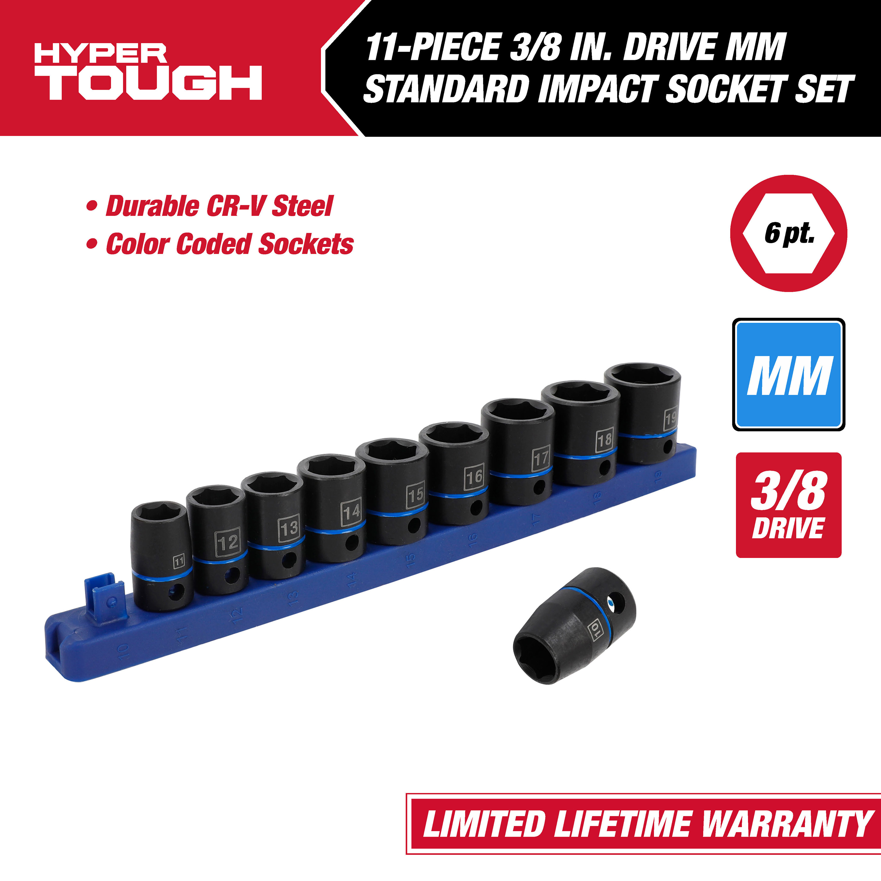 Juego de 11 piezas de dados de impacto métricos de 3/8 pulgada Hyper Tough (mm) 4