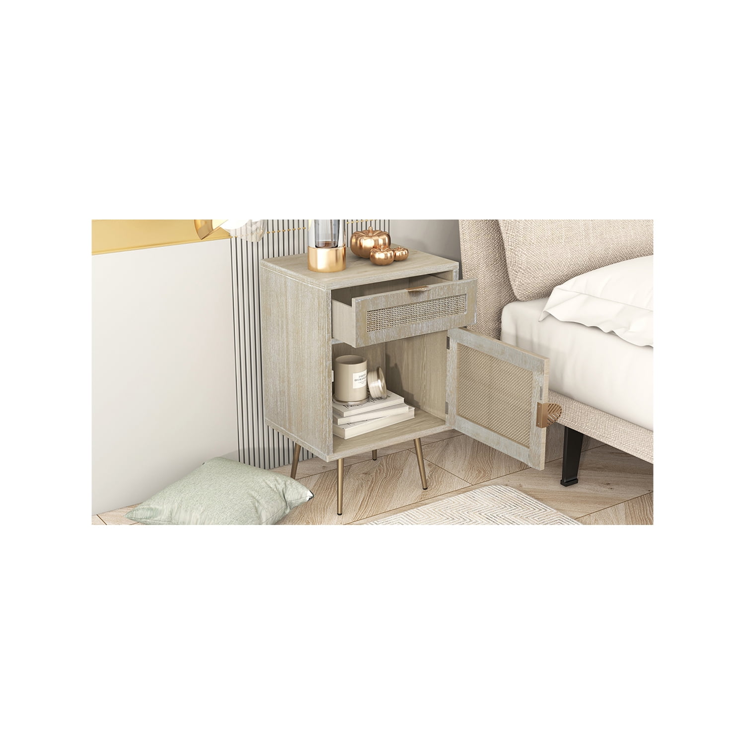 Kepooman Wooden Nightstand with One Cabinet and Metal Feet, Natural Rattan 1 Drawer Nightstand, Natural Kepooman Wooden Nightstand with One Cabinet and Metal Feet, Natural Rattan 1 Drawer Nightstand, Natural