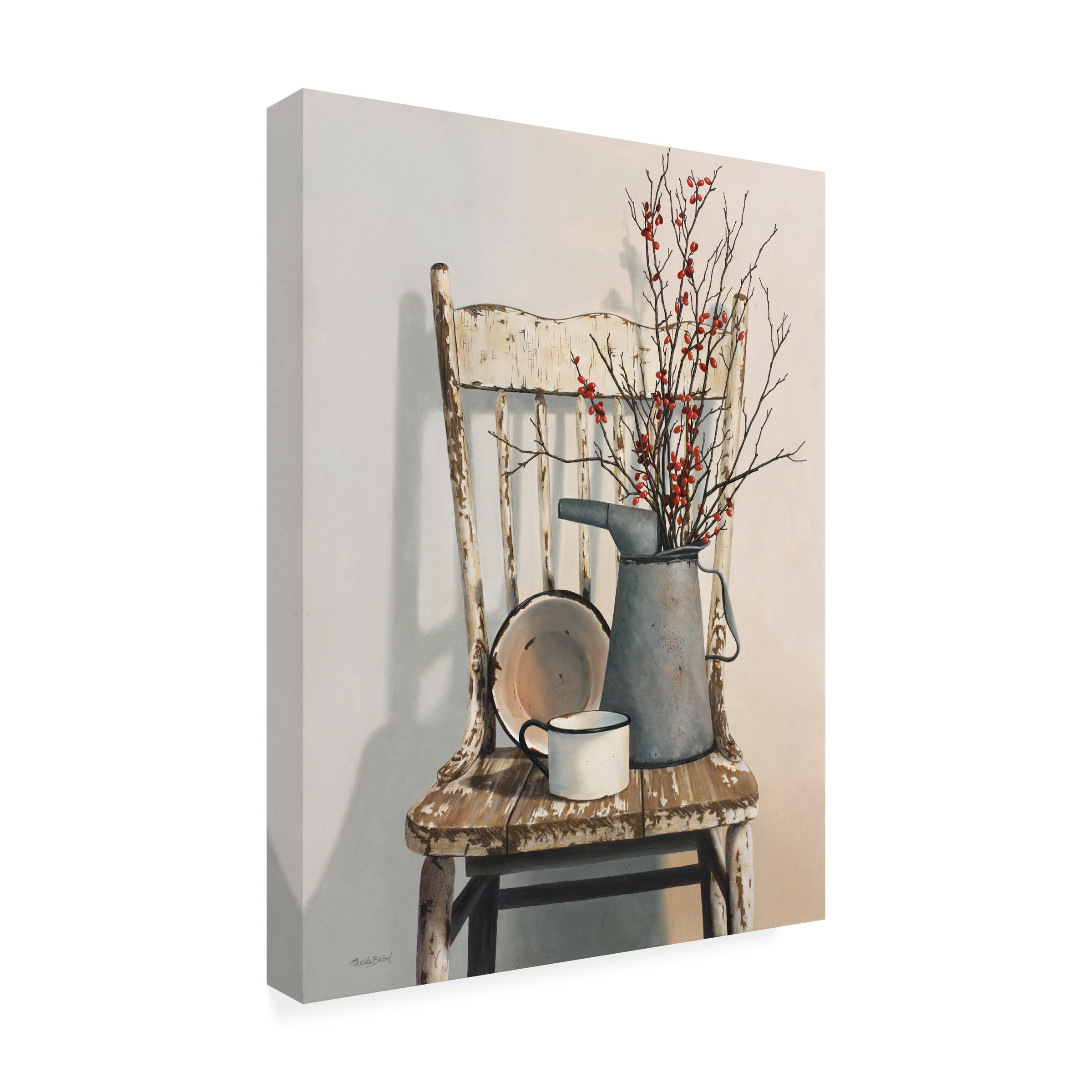 Cecile Baird 'Watering Can On Chair' Outdoor Canvas 19x14