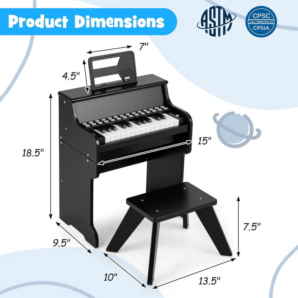 YYAo 25 Keys Digital Piano Keyboard with Stool Mini Digital Piano Wooden Toy, Adjustable Speed and Volume for Toddlers Boys Girls, Black