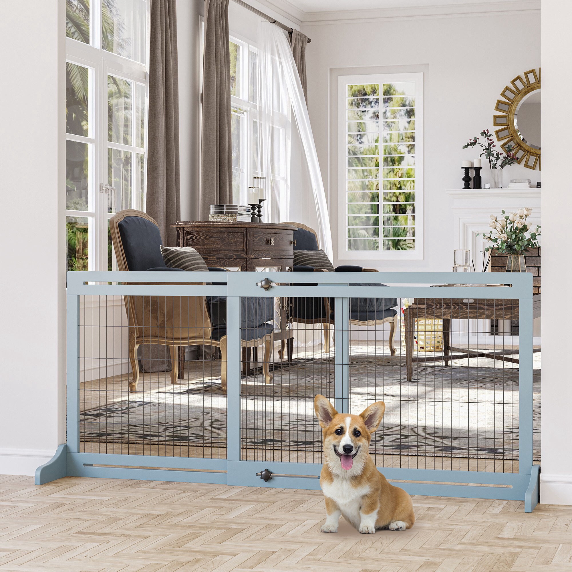 Orthopedic Dog Bed, PawHut 72" W x 27.25" H Extra Wide Freestanding Pet Gate with Adjustable Length Dog, Cat, Barrier for House, Doorway, Hallway, Blue-grey, Gray Dog Bed,Wood Cat Bed