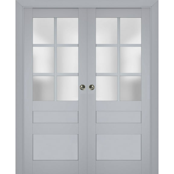 Sliding French Double Pocket Doors with Frosted Glass | Veregio 7339 Matte Grey | Kit Trims Rail Hardware | Solid Wood Interior Bedroom Sturdy Doors-36" x 84" (2* 18x84)
