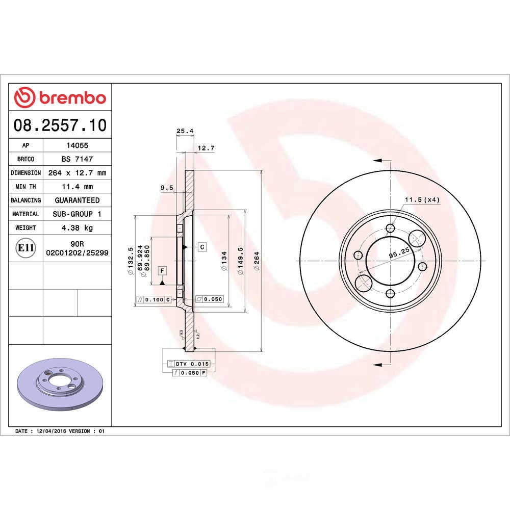 Brembo 08.2557.10 Disc Brake Rotor Fits select: 1985-1987 JAGUAR XJ6, 1969-1971 JAGUAR XKE
