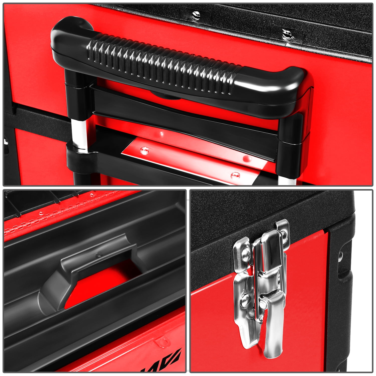 DNA Motoring 3-Tier Stackable Trolley Tool Box Storage Case Organize 19.5" x 28.5" x 12" Red