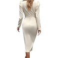 thumbnail image 3 of Dress for Women Round Neck Solid Color Side Split Bodycon Cocktail Long Sleeve Party Midi Dress Color L, 3 of 7