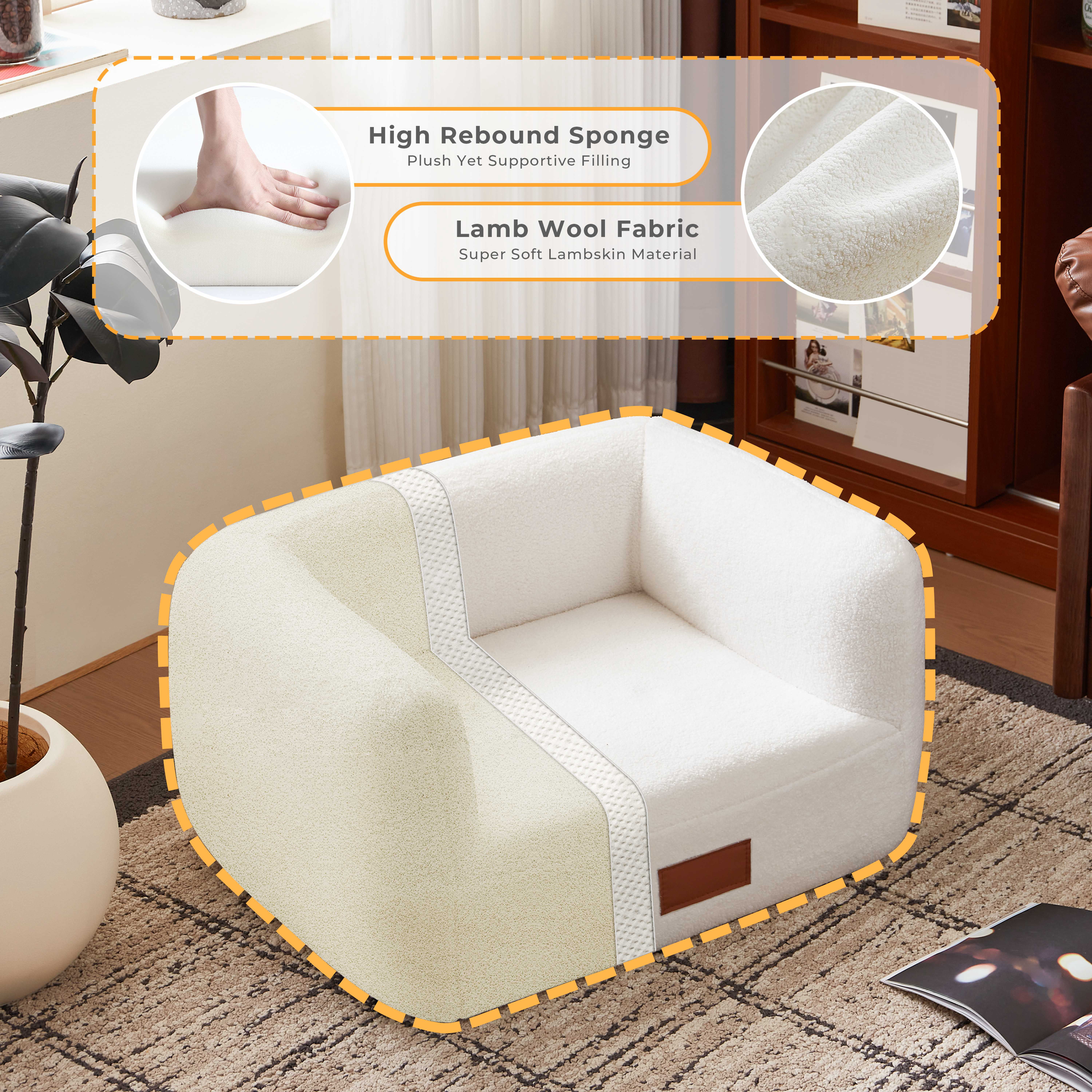 25.6''W White Modern Elegant Faux Shearling Dog Bed Cat Bed for Medium Pets under 35lbs, Luxury Indoor Pet Bed Furniture Style Orthopedic Elevated Dog Sofa Pet Couch with Leather Nameplate