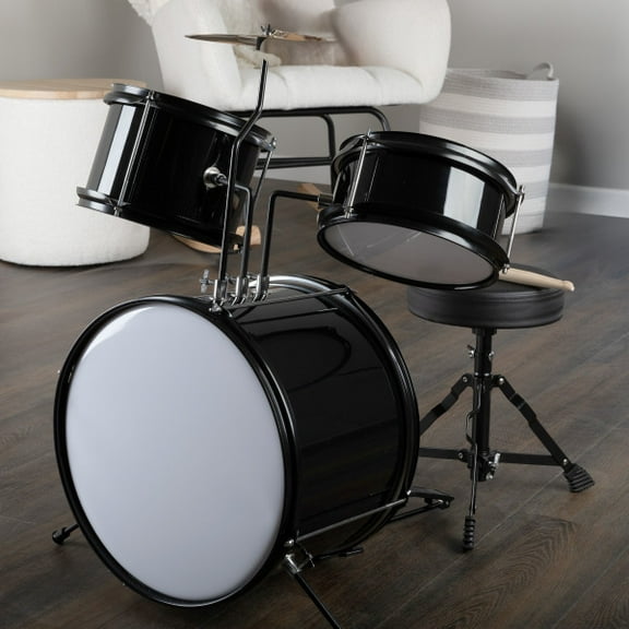 Kids Drum Set - 3-Piece Drum Kit with Cymbal, 2 Toms, Bass Drum and Pedal, Drumsticks, and Throne - Beginner Musical Instruments by Hey! Play!