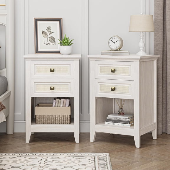 White Rattan Nightstand with Drawer Set of 2, Boho 27" Tall Bedside Table with Storage for Small Space, Wood Accent End Table Bedroom Furniture, Couch, Grayish White