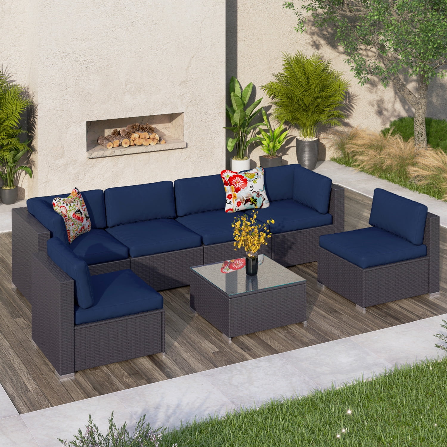 Navy Blue Walsunny Outdoor Black Rattan Sectional Sofa Patio Wicker Furniture Set Conversation Sets with Tea Table&Washable Couch Cushions 