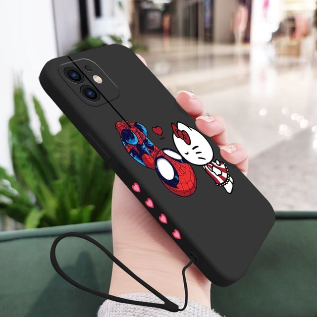 Funda de silicona con correa de mano para iPhone, carcasa de Spiderman, Hello Kitty, 14, 13, 12, 11 Pro Max, Mini, X, XR, XS MAX, SE20, 8, 7 Plus Fivean LED