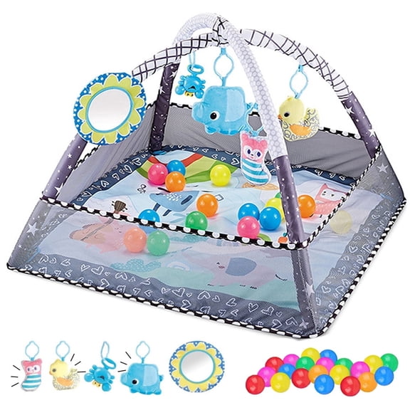 Lyntimo Baby Play Gym with 5 Hanging Toys & 20 Ocean Balls, Tummy Time Activity Mat & Ball Pit Play Mat, Baby Activity Gym for Newborn Infants 0-12 Months