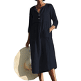 thumbnail image 2 of Women's Loose Fit Cotton Linen Midi Dress Round Neck Button Down 3/4 Sleeve Casual Vacation Outfit with Pockets Flowy Lightweight Party Wear Stylish Chic Solid Color Black L, 2 of 4