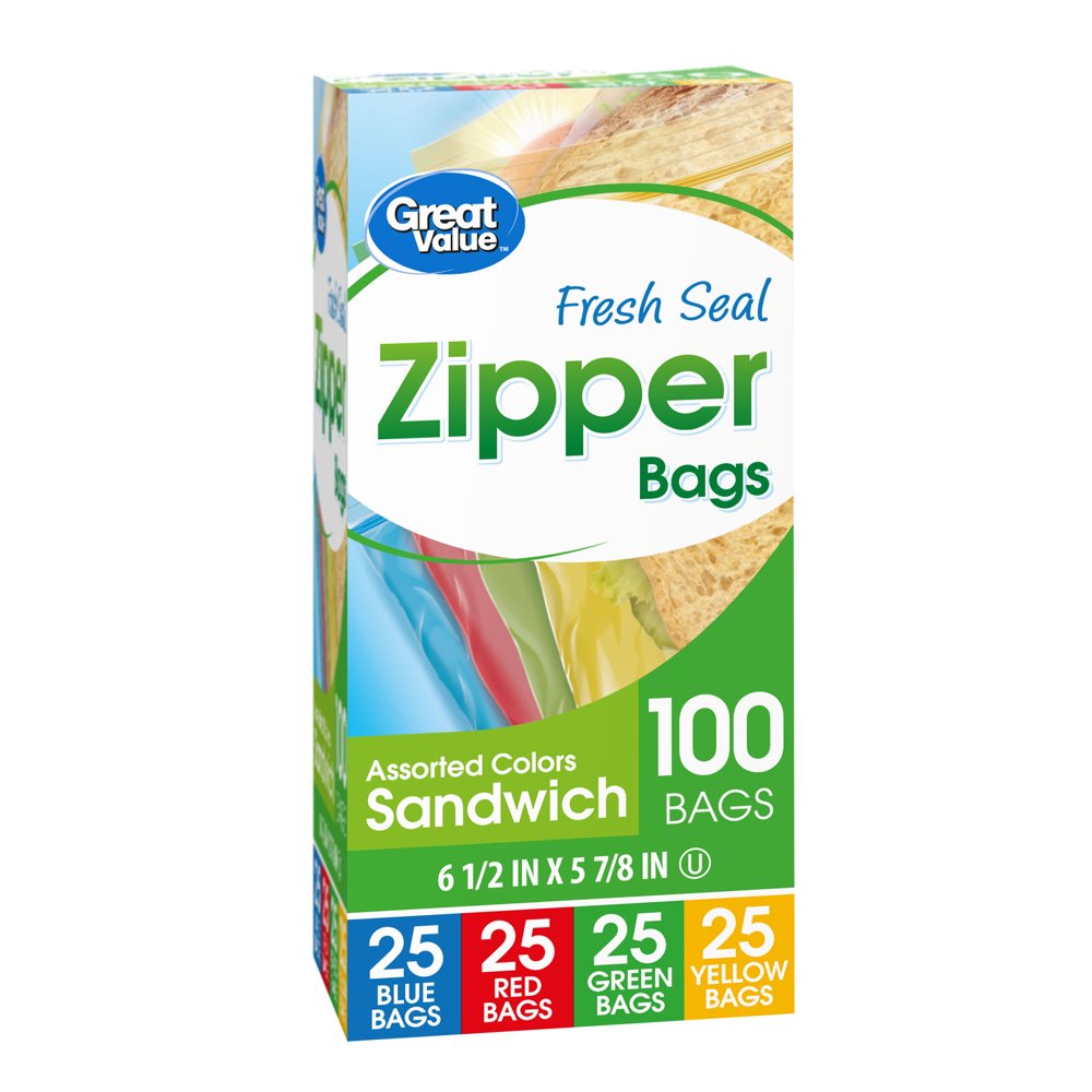 Great Value Assorted Colors Sandwich Zipper Bags, 100 count
