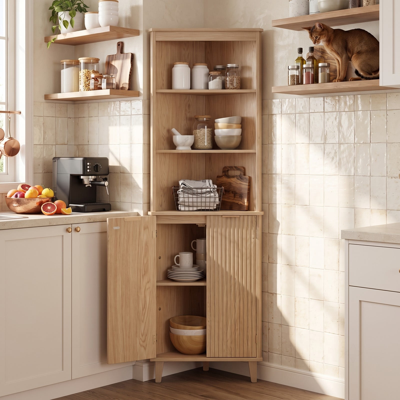 Fenbeli 68 Inch Tall Corner Cabinet with Fluted Doors, Freestanding Bathroom Floor Storage Cabinet with 3 Open Shelves and Enclosed Compartment, Anti-Tip Kit and, Oak