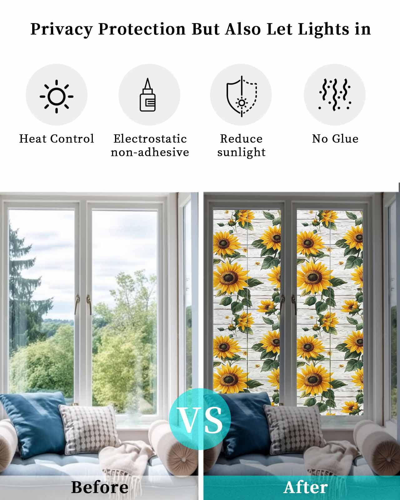 Window Privacy Film Yellow Sunflowers Stained Glass Window Film Decorative Sun Block Window Cover Country Botanical Floral Wooden Grain Window Clings Static Adhesive Sticker for Bathroom 29.5"x118"