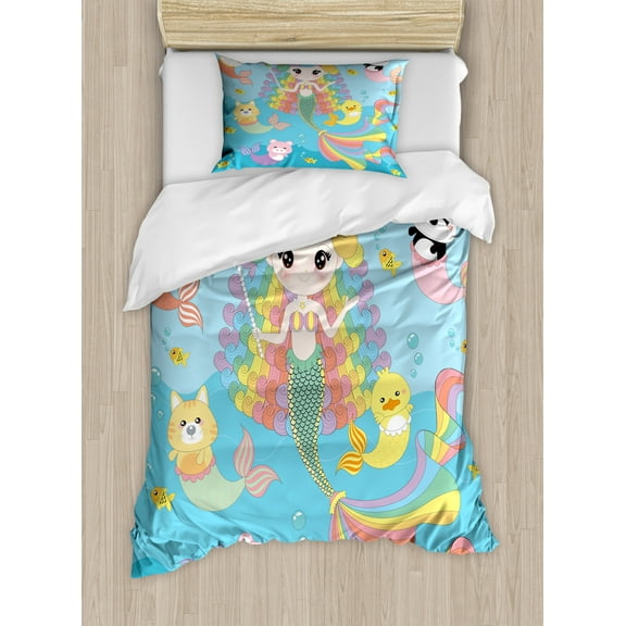 Cartoon Duvet Cover Set Twin Size, Illustration of Colorful Funky Characters Underwater Bubbles and a Mermaid, Decorative 2 Piece Bedding Set with 1 Pillow Sham, Multicolor, by Ambesonne