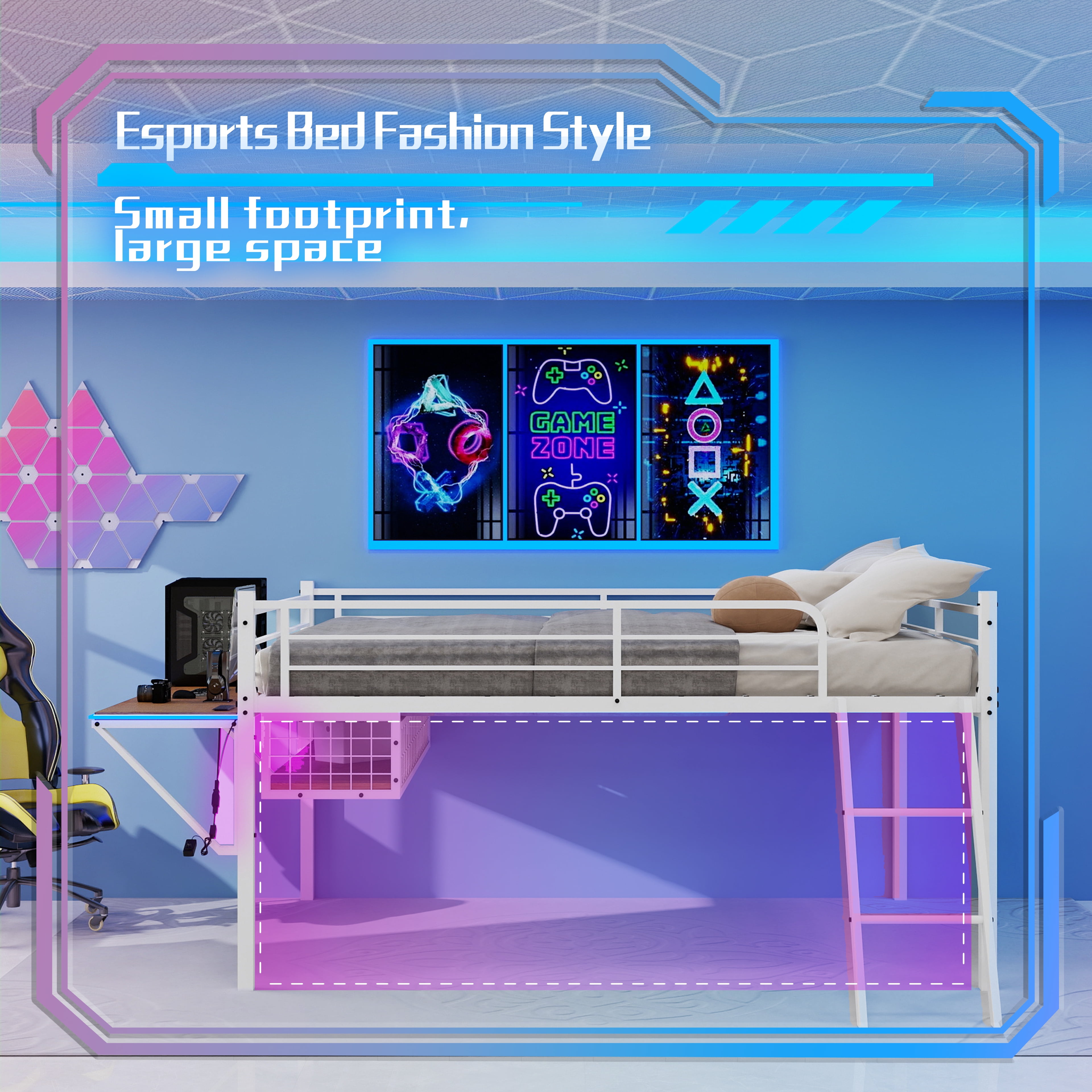 Miniyam Twin Size Loft Bed with Desk, Metal Frame with Guardrails, Ladder, LED Light and Underbed Storage, White