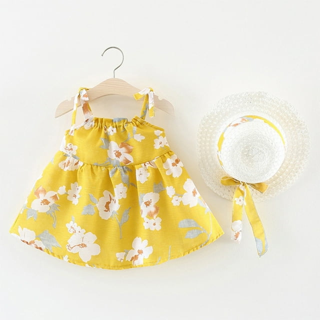 LSLJS Tout-Petits Enfants Bébés Filles Mignon Été Fleurs Imprimé Robe à Bretelles Jupe Chapeau Ensemble, Princess Dresses