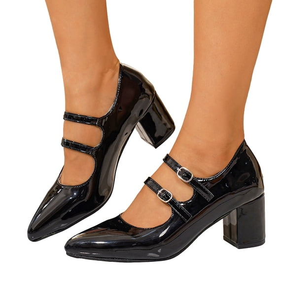 Rokment Women's High Heels Dress Shoes for Ladies Fashion Leather Pointed Toe Chunky Block Heeled Bridal Banquet Dressy Pumps Black Size 6