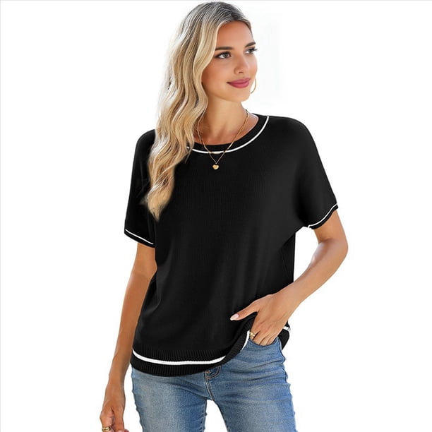 Tops de Mujer, Camisetas Casuales de Corta A , Suéter de Punto con Cuello Redondo. Negro XL