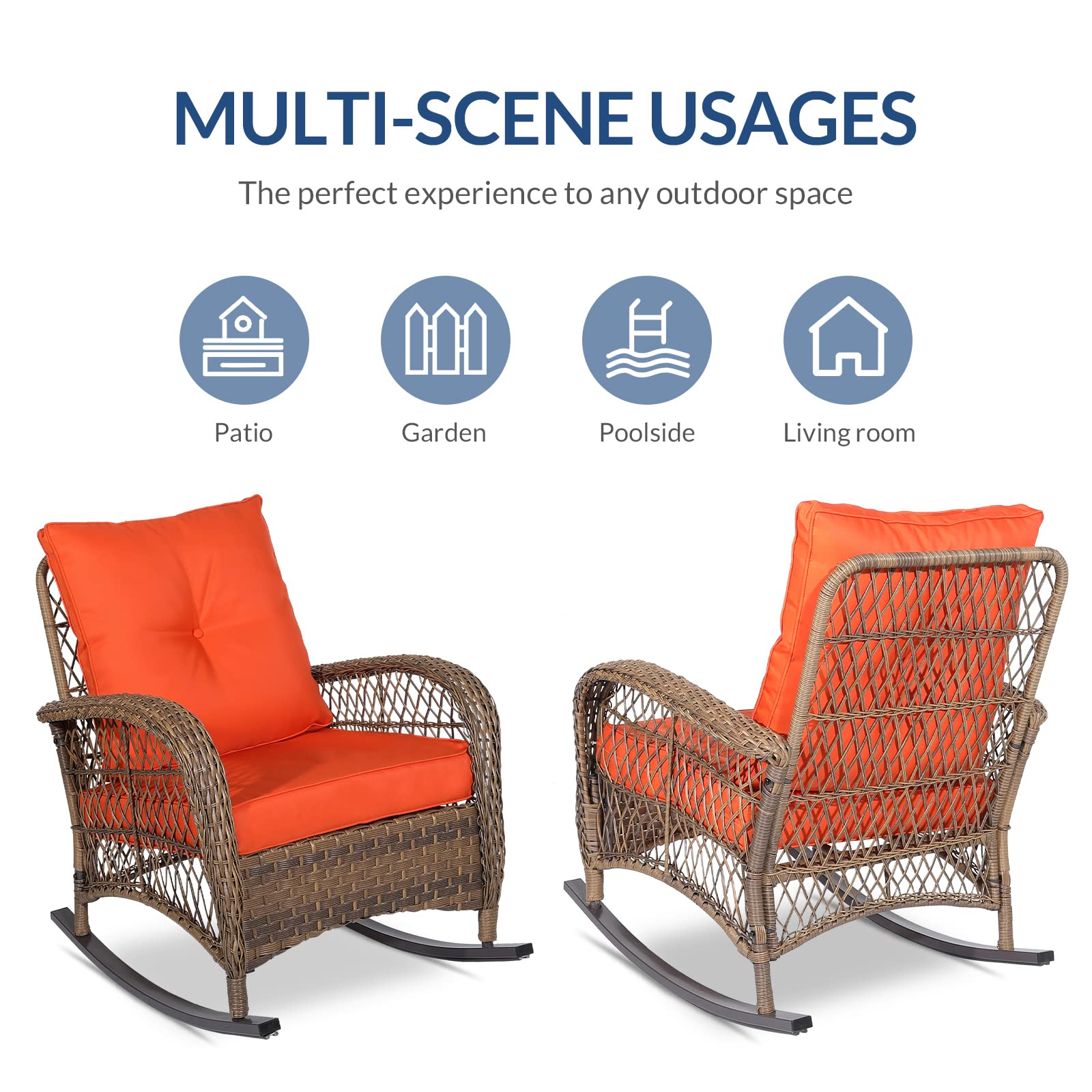 SOCIALCOMFY 3-Piece Outdoor Wicker Rocking Chair Set, Patio Bistro Conversation Sets with Cushions and Glass-Top Coffee Table, Rattan Furniture Sets for Porch & Backyard, Orange - image 3 of 7