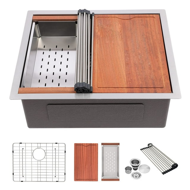 27 Undermount Sink Stainless - Lofeyo 27 Inch Kitchen Sink Workstation 16 Gauge Stainless Steel Single Bowl Undermount Counter Sink Basin with Accessories