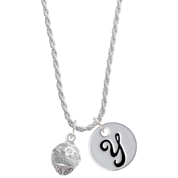 Delight Jewelry Silvertone Raised Flowers with Clear Crystals on Barrel Spinner Silvertone Script Initial Disc - Y - Charm Necklace, 20"+3"