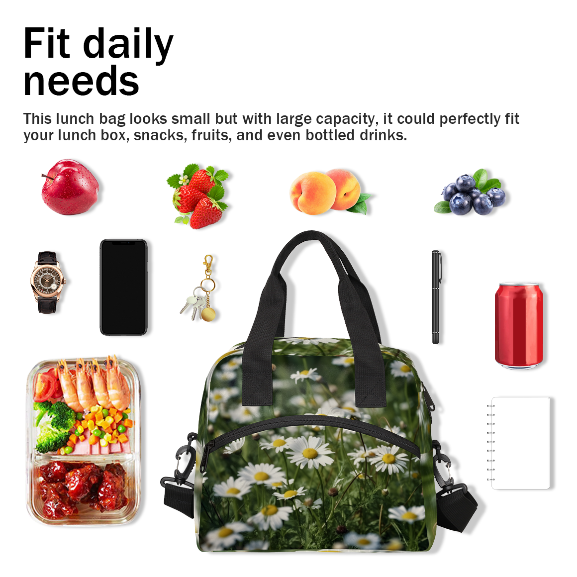 Herdesigns Daisy Insulated Lunch Bag for Women Men Adults Large Reusable Lunch Box Floral Leakproof Cooler Tote Bags with Adjustable Shoulder Strap