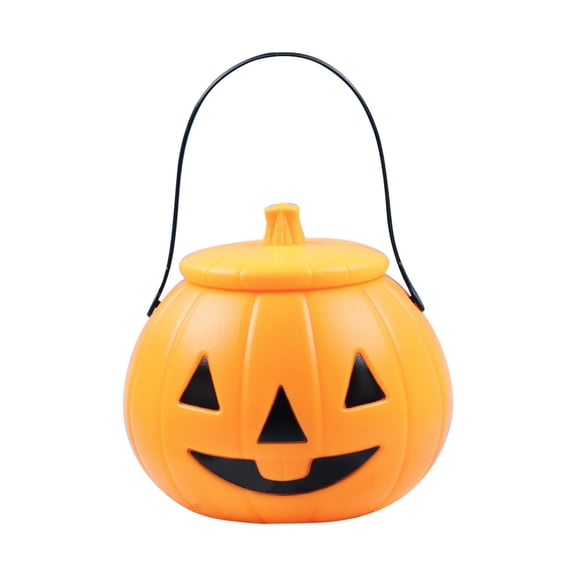 Plastic Pumpkin Bucket, Halloween Candy Holder, Yellow Trick Or Treat Pail With Pumpkin Lantern Cover