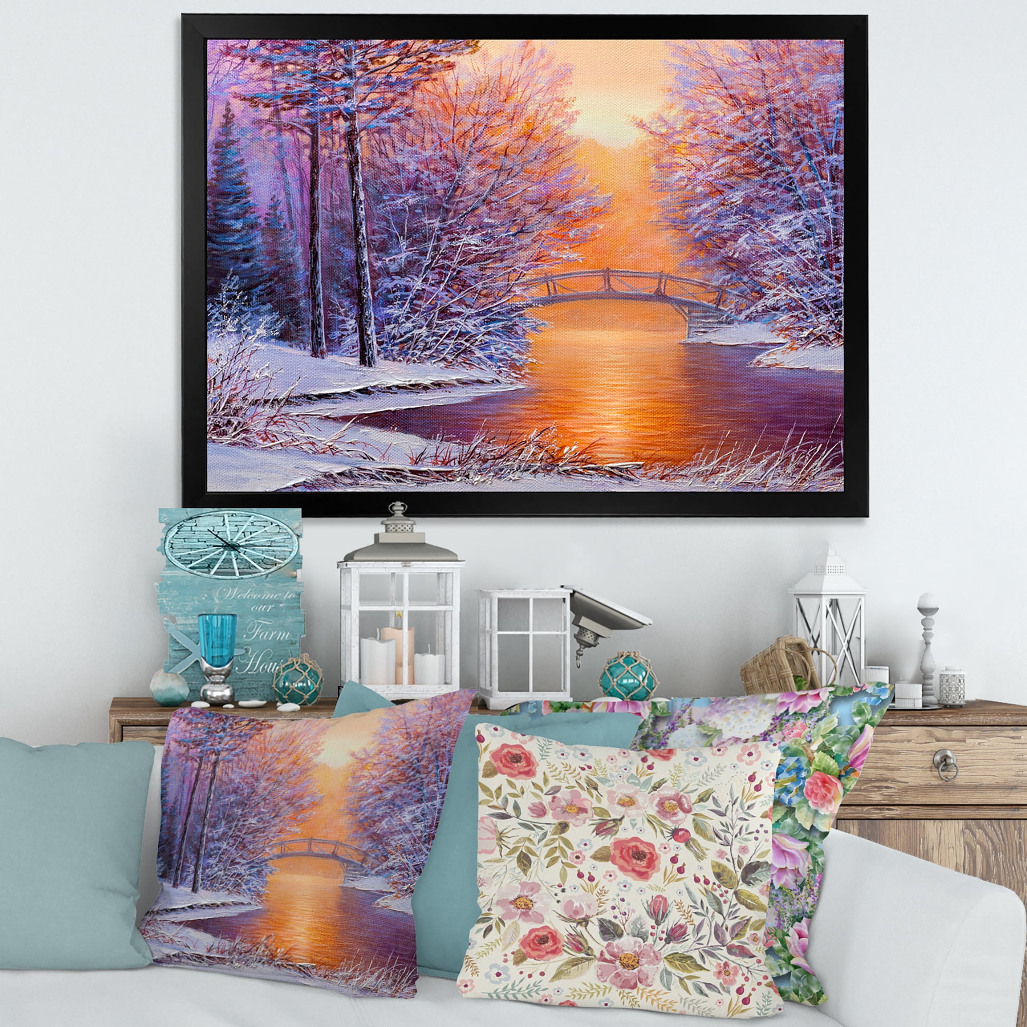 Designart 'Winter Landscape With Bridge Over The River' Traditional Framed Art Print