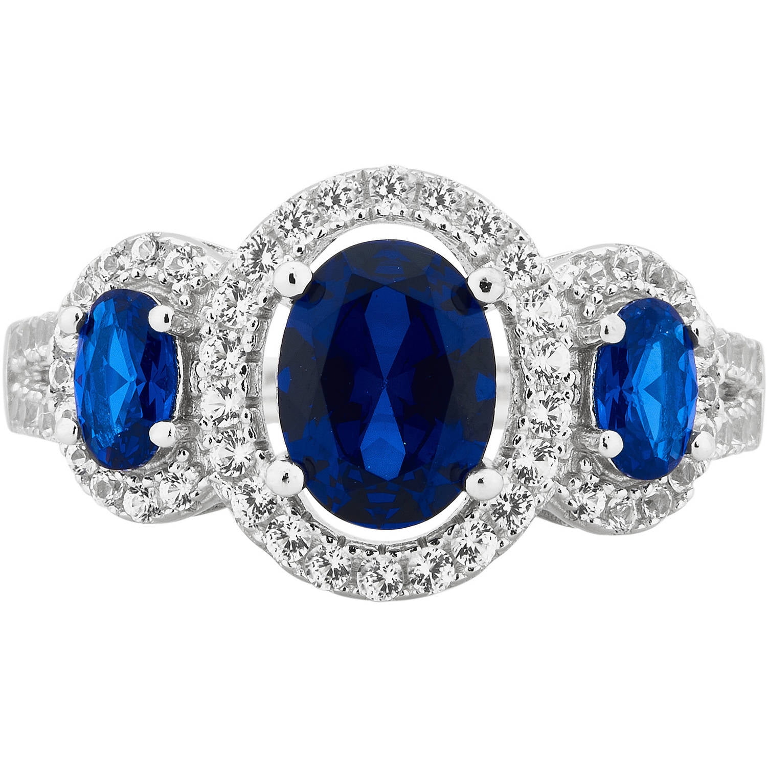 Arista Created Blue and White Sapphire Gemstone Three Stone Women's Engagement Ring in Sterling Silver