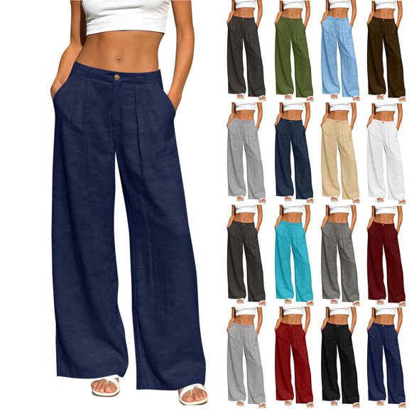 DYTTDG Women's Wide Leg Pants | High Waisted Solid Color Pleated Elastic Waist Casual Relaxed Fit Trousers with Pockets for Summer